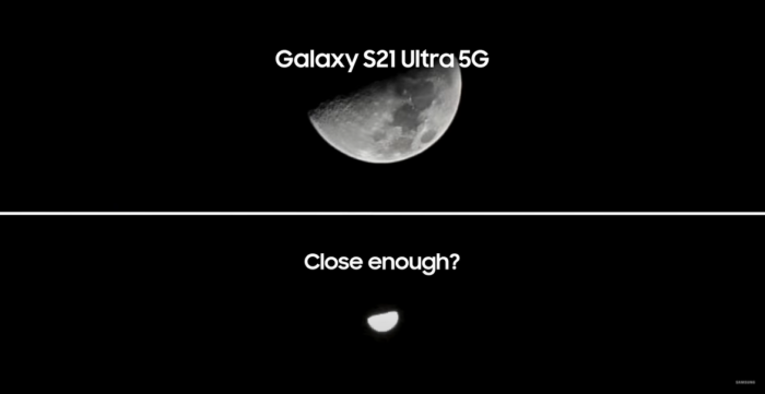 Foto da lua com <a href='https://meuspy.com/tag/Espionar-Galaxy'>Galaxy</a> S21 Ultra vs iPhone 12 Pro Max (Imagem: Reprodução/Samsung)