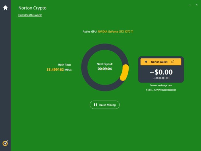 Mining with Norton Crypto shows low profitability (Image: Playback/BleepingComputer)