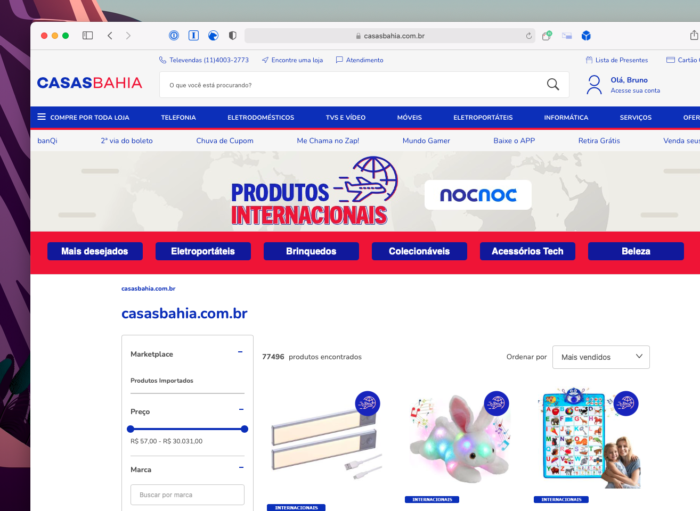 Catálogo de produtos importados no site das Casas Bahia (Imagem: Reprodução/Tecnoblog)