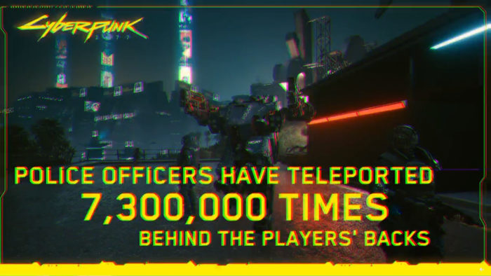 Meme com conquista de Cyberpunk 2077 dizendo "Policiais se teleportaram 7,3 milhões de vezes para as costas dos jogadores" (Imagem: Reprodução/Reddit Cyberpunk 2077)