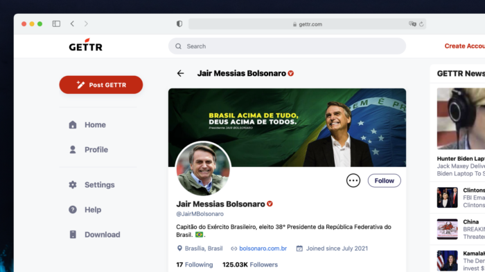 Presidente Jair Bolsonaro na rede social Gettr (Imagem: Reprodução)