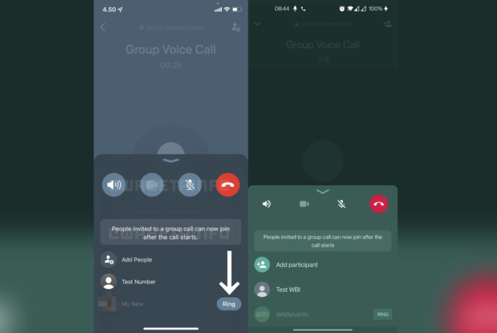 Nova interface para ligações do WhatsApp Beta para iPhone (esquerda) e Android (direita) (Imagem: Reprodução/WABetaInfo)
