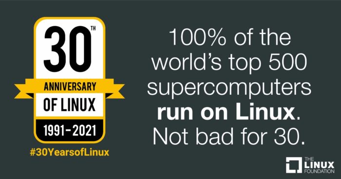 100% dos 500 maiores supercomputadores do mundo rodam Linux. Nada mau para 30 anos. (imagem: divulgação/Linux Foundation)