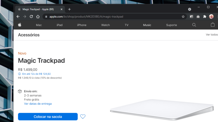 Site da Apple com venda do novo Magic Trackpad