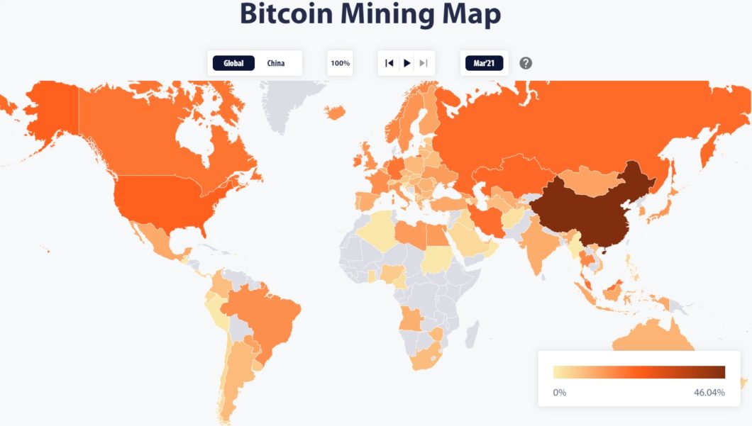 Mapa de mineração de bitcoin referente a abril de 2021 (Imagem: Reprodução/ CBECI)