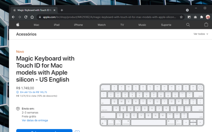 Site da Apple para venda do novo teclado Magic Keyboard