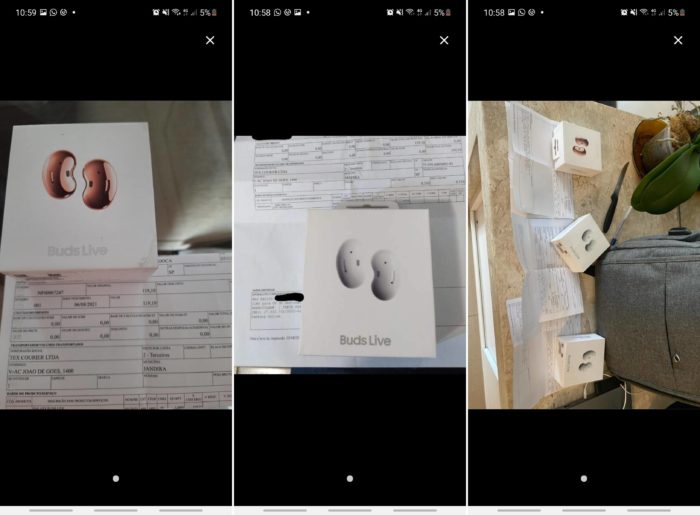 Fotos de fones entregues a quem pagou R$ 119,10 coletadas pelo cliente Denis, que também teve seu pedido cancelado