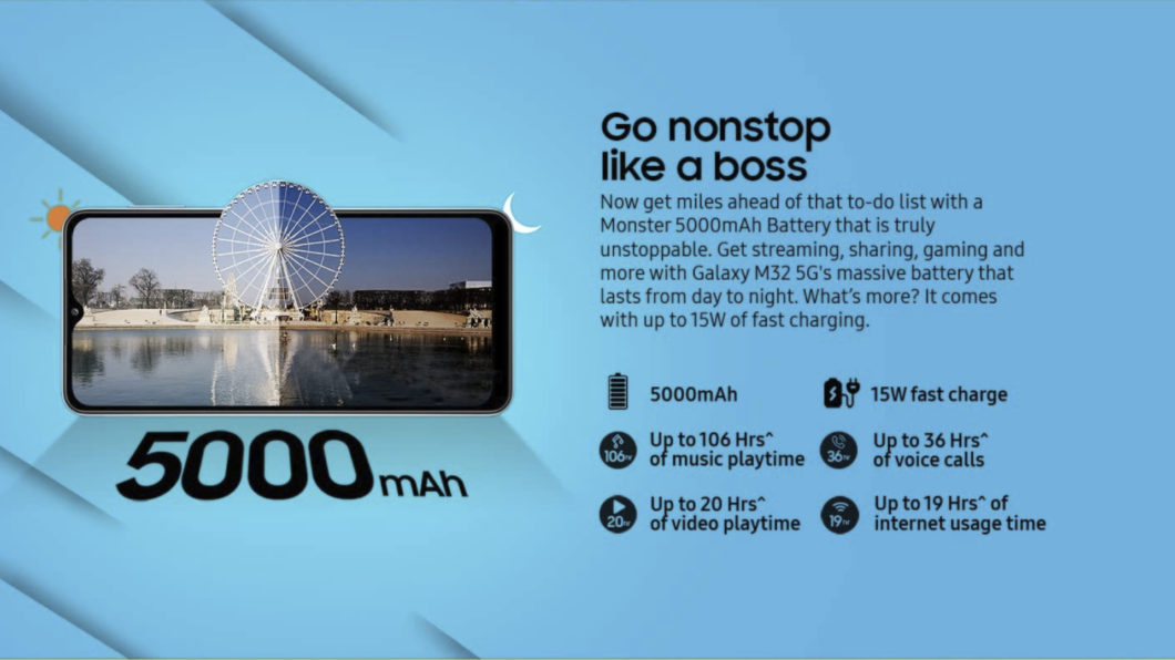 Galaxy M32 5G tem bateria de 5.000 mAh (Imagem: Reprodução/Amazon India)