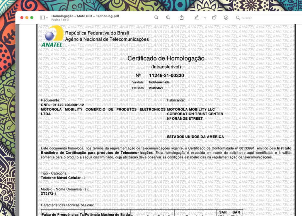 Certificado de homologação do Moto G31 (Imagem: Reprodução/Tecnoblog)