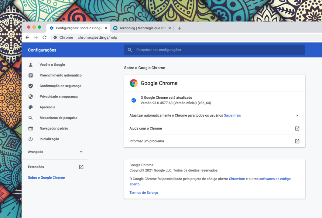 Google Chrome 93 no macOS (Imagem: Reprodução/Tecnoblog)