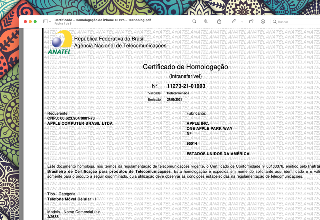 Certificado de homologação do iPhone 13 Pro (Imagem: Reprodução/Tecnoblog)