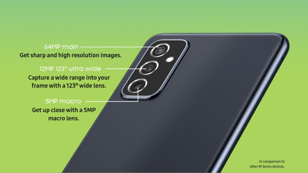 Galaxy M52 5G tem câmera tripla de 64 megapixels (Imagem: Divulgação/Samsung)
