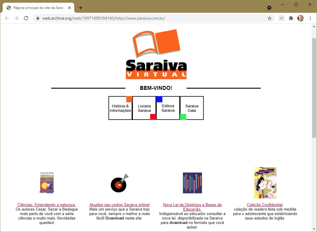 Site da Saraiva em 1997; no ano seguinte, o endereço virou loja online (captura de tela a partir do Wayback Machine)