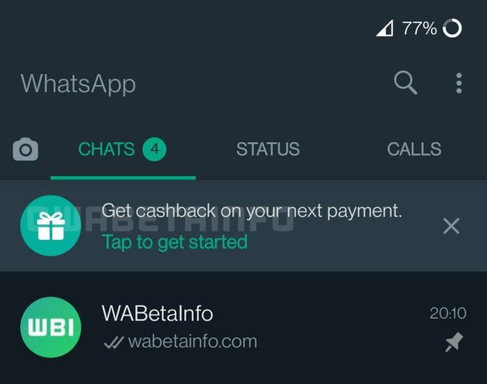 WhatsApp desenvolve opção para oferecer cashback em pagamentos (Imagem: Reprodução/WABetaInfo)