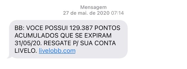 Mensagem falsa alegando que o cliente tem pontos a vencer no Banco do Brasil