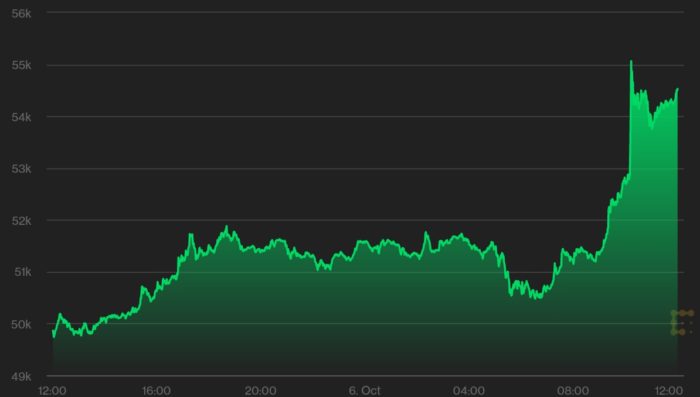 Preço do bitcoin dispara 10% nas últimas 24 horas (Imagem: Reprodução/ CoinDesk)
