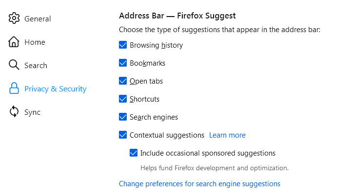 Configurações do Firefox Suggest 