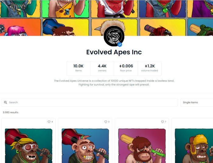 Página verificada dos "Evolved Apes" no OpenSea (Imagem: Reprodução/ OpenSea)