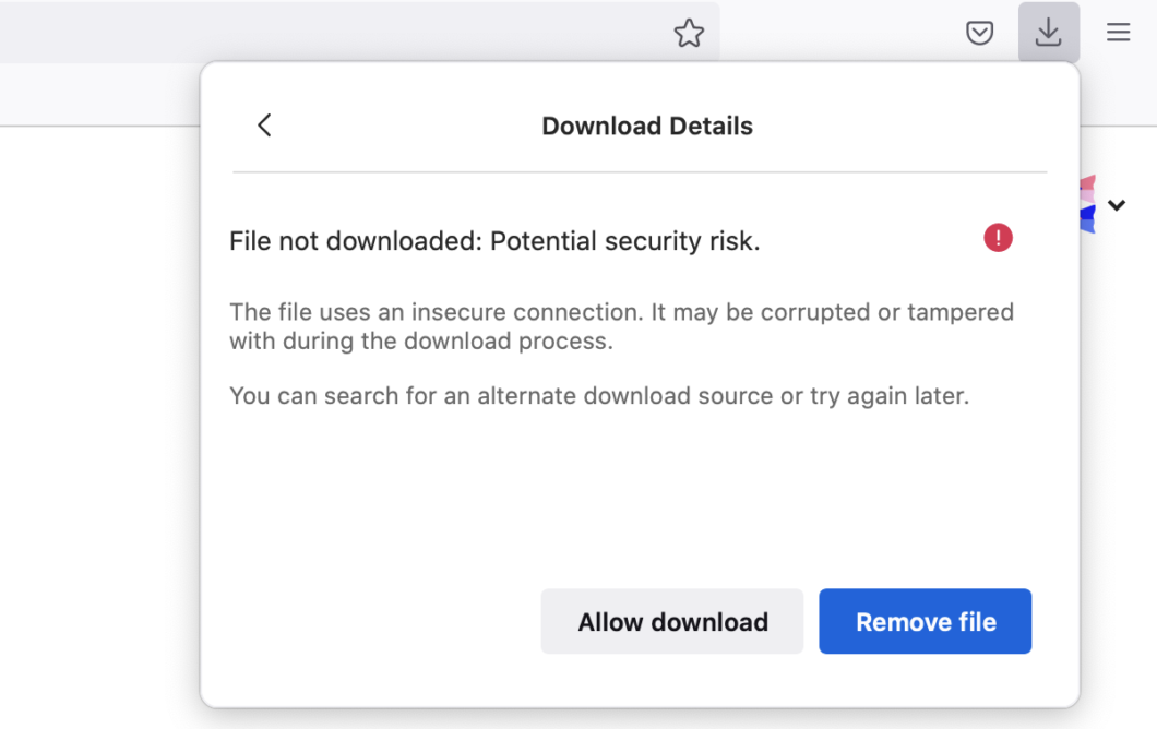 Firefox 93 discourages downloads from unencrypted sites