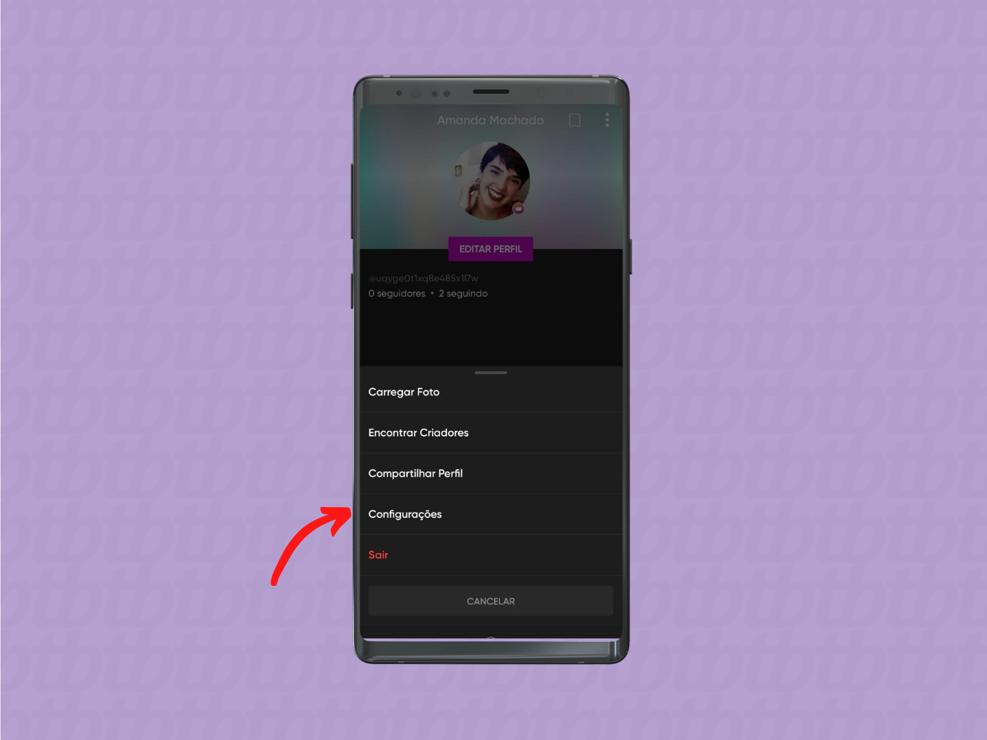 screensho do menu do app picsart com destaque para o botão configurações